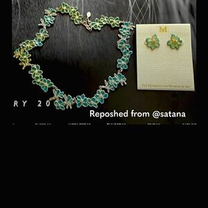 Tiffany Inspired Blue, Green, and Silver Flower Necklace and Earrings